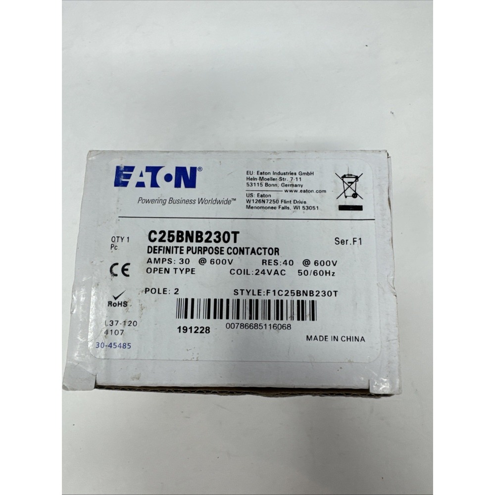 NEW IN BOX! EATON‎ 600V 30A 24V COIL DEFINITE PURPOSE CONTACTOR C25BNB230T
